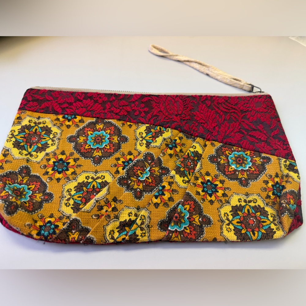 Preloved Red Mustard Upcycled Mixed Print Clutch Bag OS boho dark romance